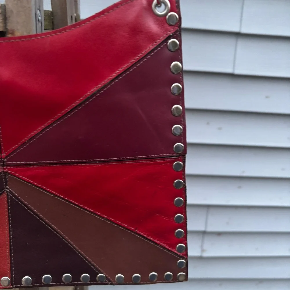 Patchwork Y2K Shoulder Bag Red Burgundy Brown‎ Studded Magnetic Snap